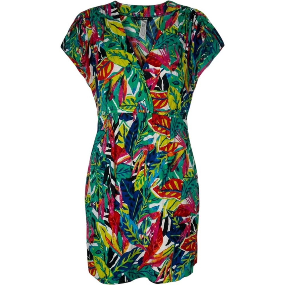 Lauren‎ Tropical Leaf Cotton Faux Wrap Mini Dress Colorful Resortwear Medium